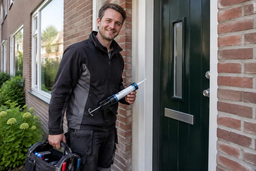 Vakman van Kitbedrijf Laren bij de voordeur van een woning